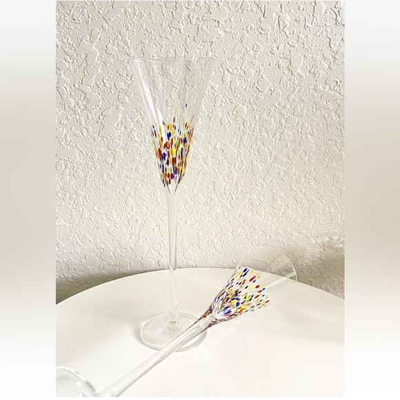 Set of 2 Confetti Art Glass Champagne Flutes Hand Blown Glass Made In Italy - Picture 5 of 6